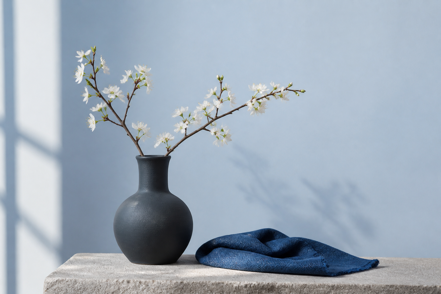 Editorial still life with a matte charcoal vase, flowering branches, blue wall, stone plinth, cobalt fabric, and side light