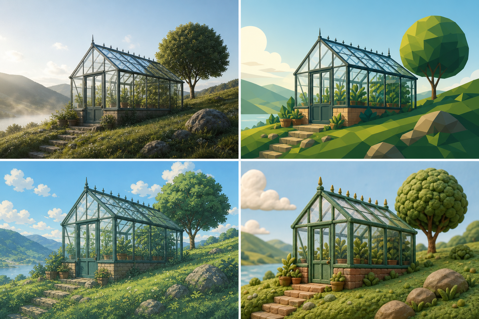 The same hillside greenhouse rendered as architectural photography, flat editorial illustration, anime background art, and clay-style 3D