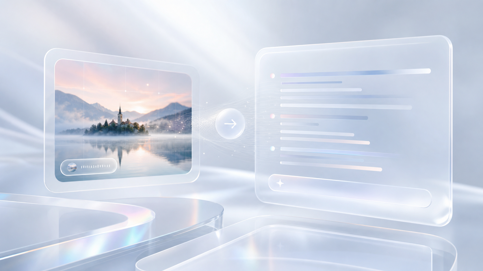 Glass interface showing a reference image becoming structured text prompt