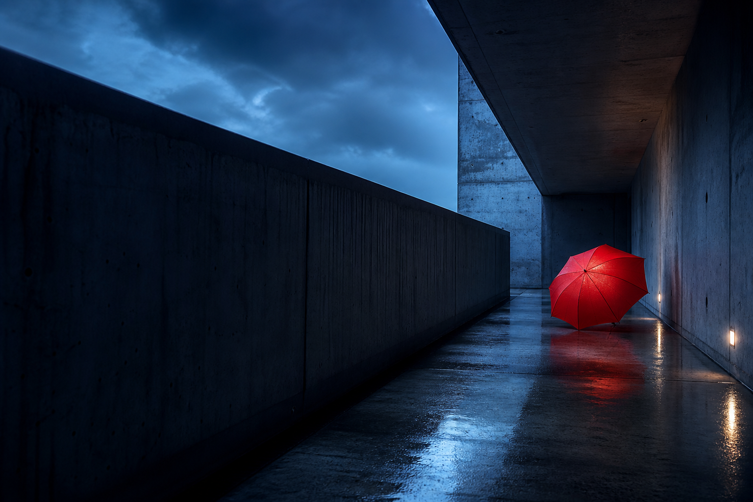 A cinematic concrete corridor at blue hour with a red umbrella