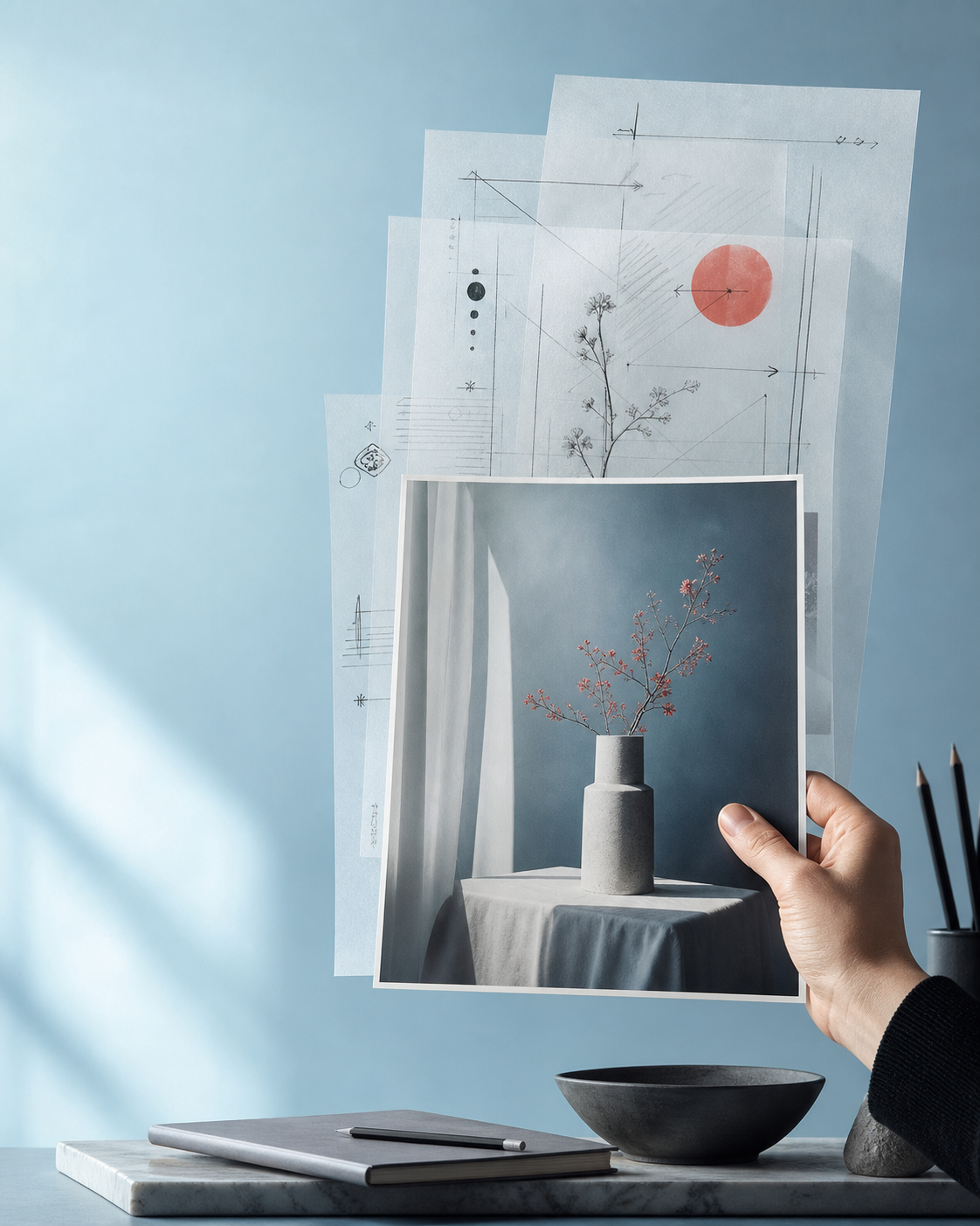 A still-life reference photograph with layered visual notes showing how an image can be described